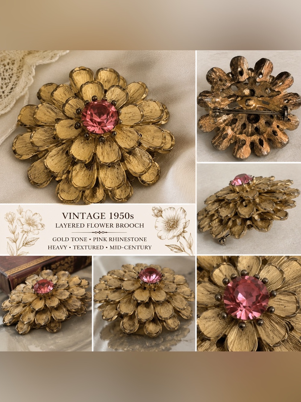 Vintage Layered Flower Brooch Pink Rhinestone Center with Solid Construction